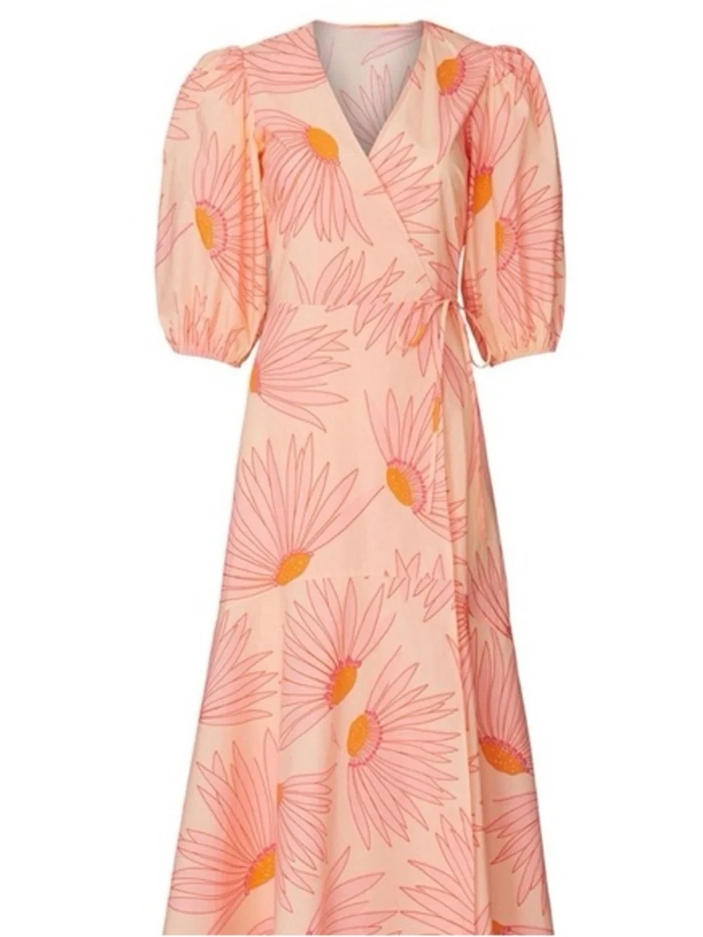 Kate Spade New York Falling Flower Grand Daisy Wrap Dress Peach Puff Sleeves NEW